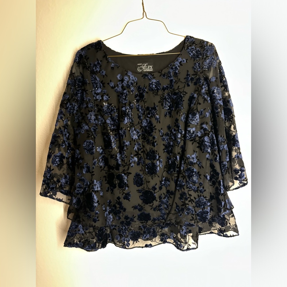 Blue and Black Floral Evening Top by Alex Evenings